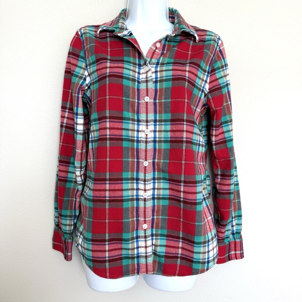Lands End Red Plaid Flannel Button Up Womens 2 Long Sleeve Cabincore Rustic Prep